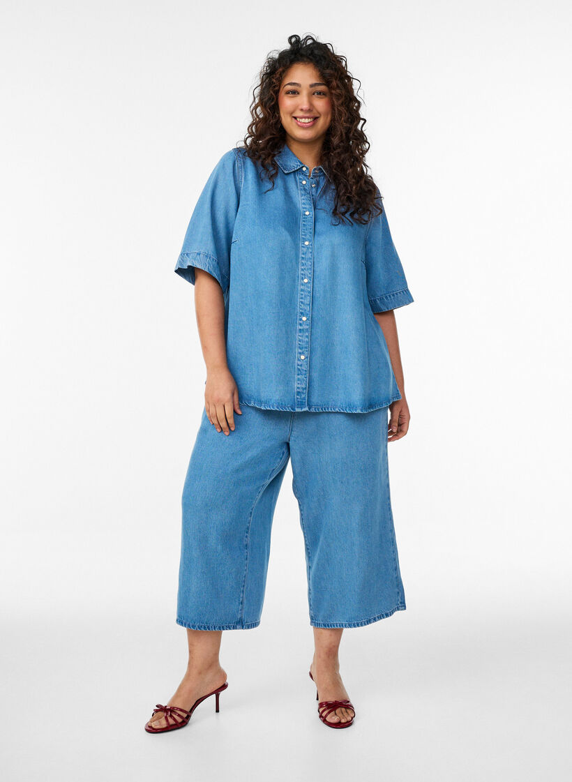 Lyocell culotte trousers with wide legs and denim look, Light Blue, Model image number 0