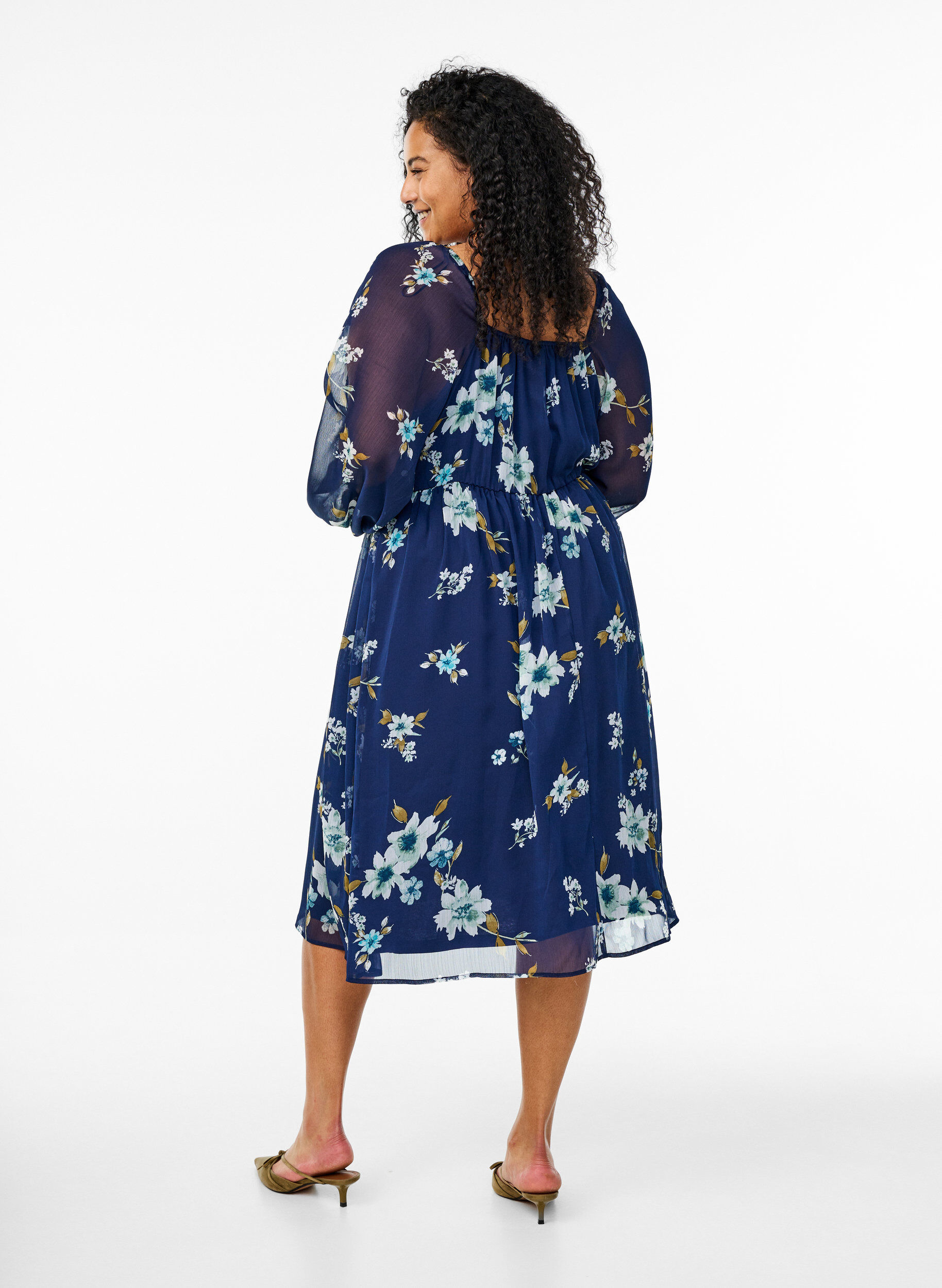 Zizzifashion Chiffon party dress with long sleeves, Blue, Model image number 2