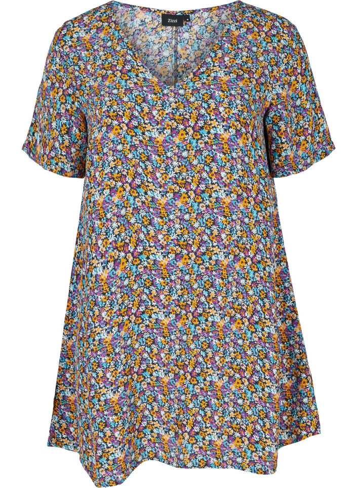 Floral viscose tunic with short sleeves, Ditsy AOP, Packshot image number 0