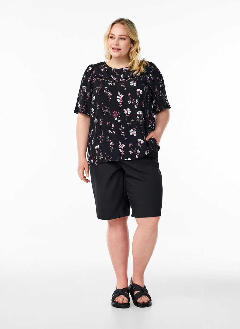 Floral blouse with short sleeves, Black, Model image number 1