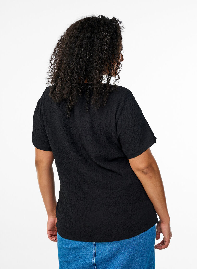 FLASH - Short-sleeved blouse with texture, Black, Model image number 2