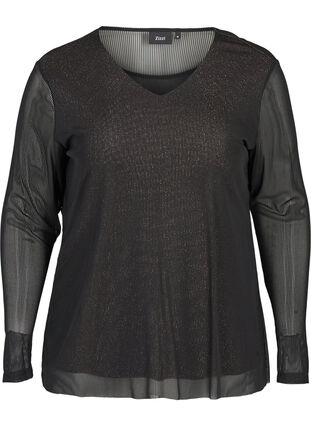 Long-sleeves blouse with lurex and a V-neck, Black, Packshot image number 0