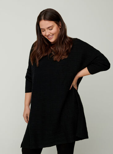 Long-sleeved knitted dress with button detailing, Black, Model image number 0