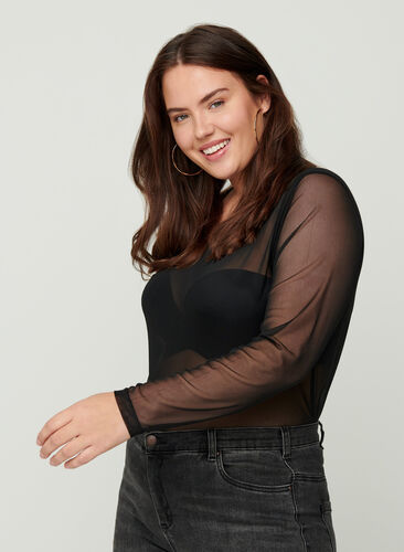 Close-fitting mesh blouse, Black, Model image number 0