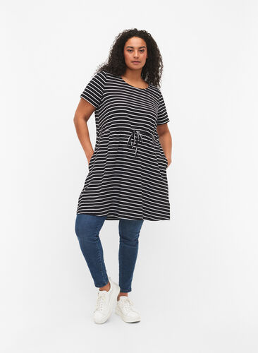 Striped tunic in cotton with short sleeves, Black Stripe, Model image number 1