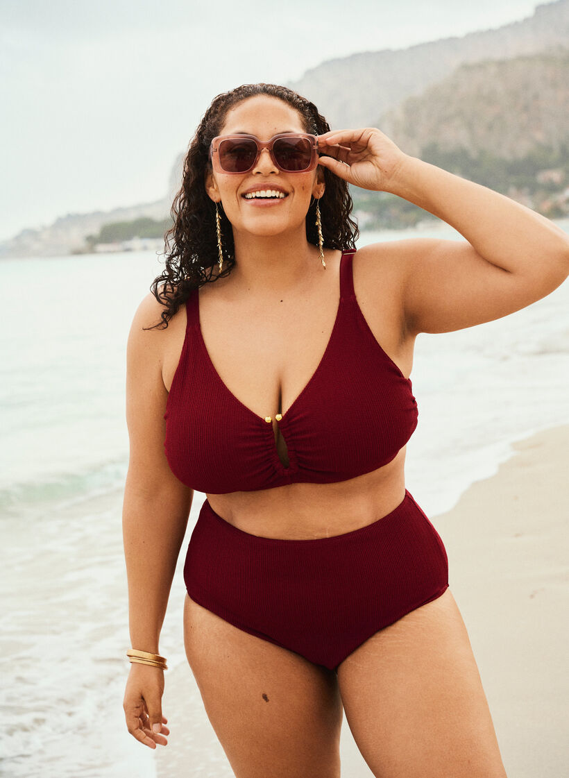 High-waisted bikini bottoms with texture, Red, Image image number 0