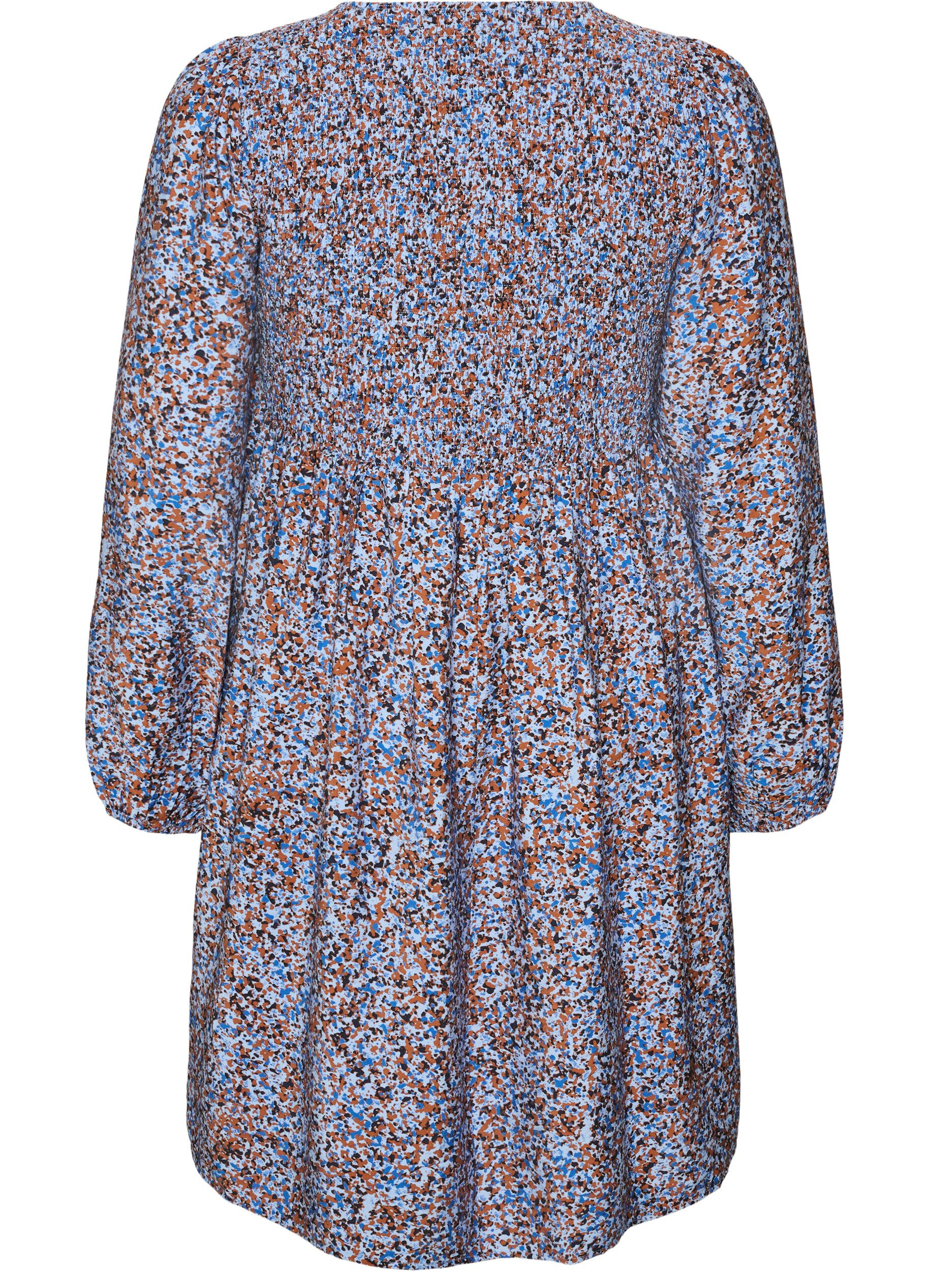 ZizzifashionViscose dress with smock and an all-over pattern, Light Blue, Packshot image number 1