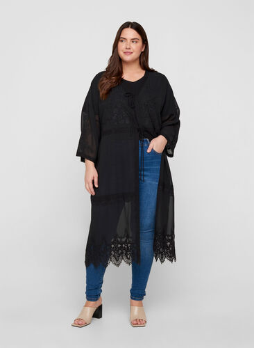 Long Kimono with 3/4 Sleeves and Embroidery, Black, Model image number 0