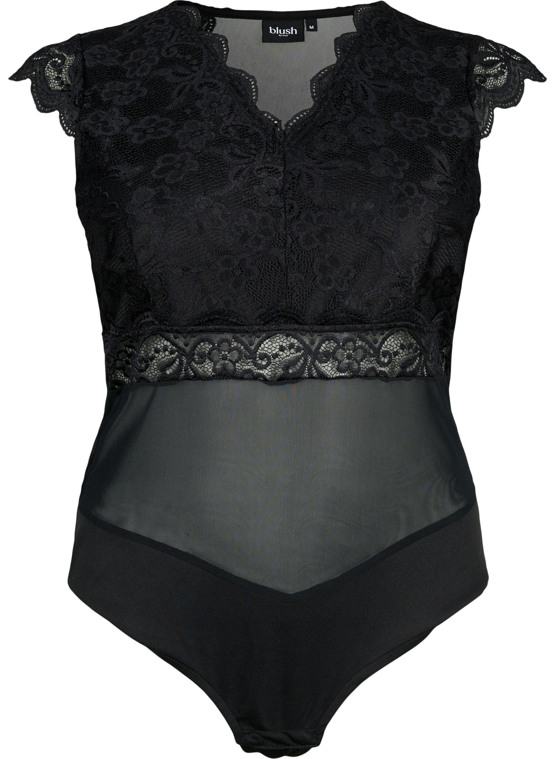 Zizzifashion Bodystocking with lace and v-neckline, Black, Packshot image number 0
