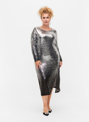 Sequin dress with long sleeves and slit, Silver Black, Model image number 2
