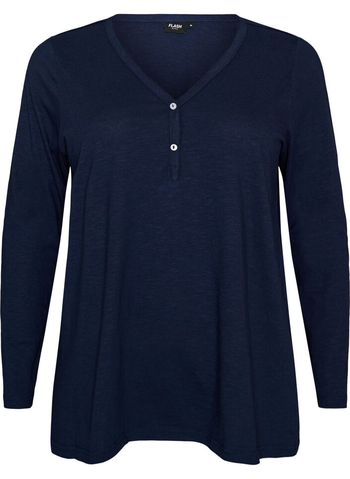 Long-sleeved t-shirt with V-neck and buttons, Blue, Packshot image number 0
