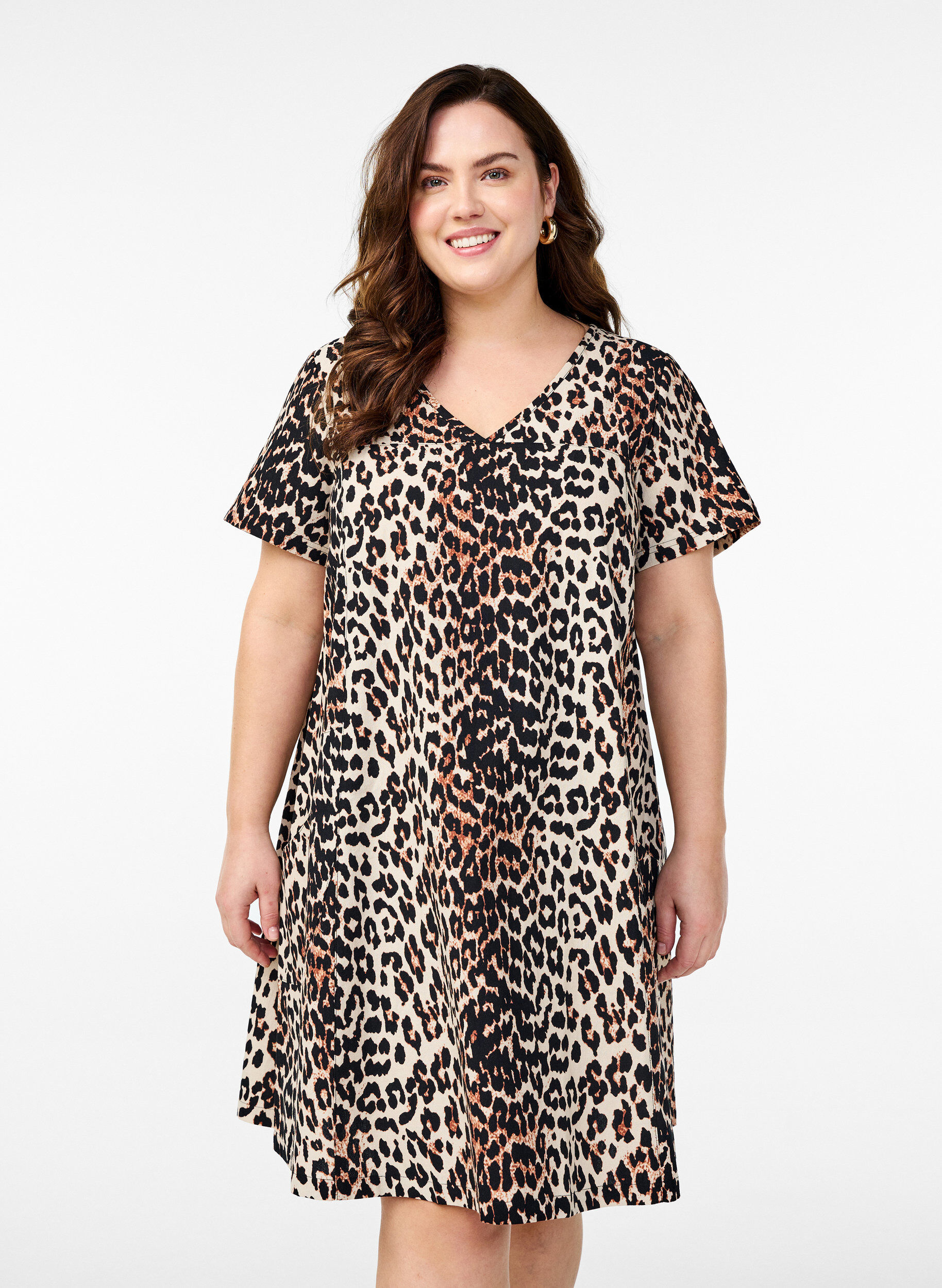 Zizzifashion Short A-line dress with leopard print, Brown, Model image number 0