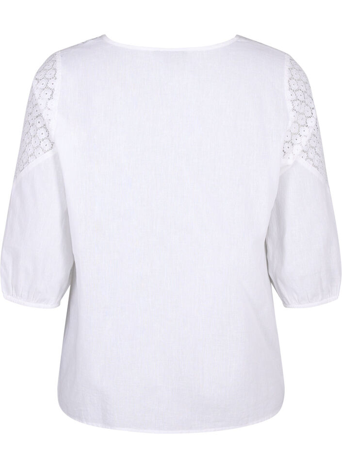 Blouse in a cotton mix with linen and crochet detail, Bright White, Packshot image number 1