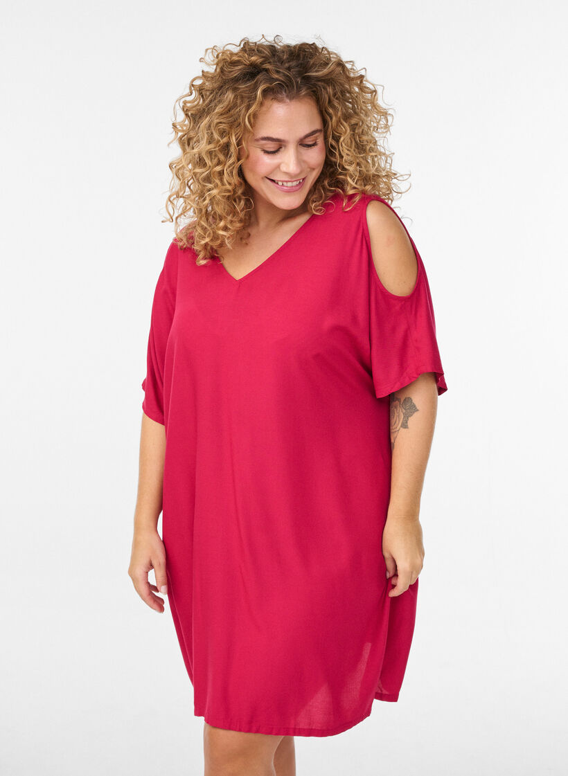 Beach dress in viscose with shoulder detail, Pink, Model image number 0