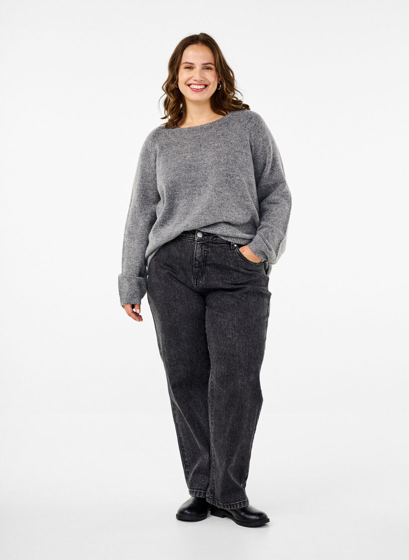 Loose-fitting knitted blouse with round neck, Medium Grey Melange, Model image number 2