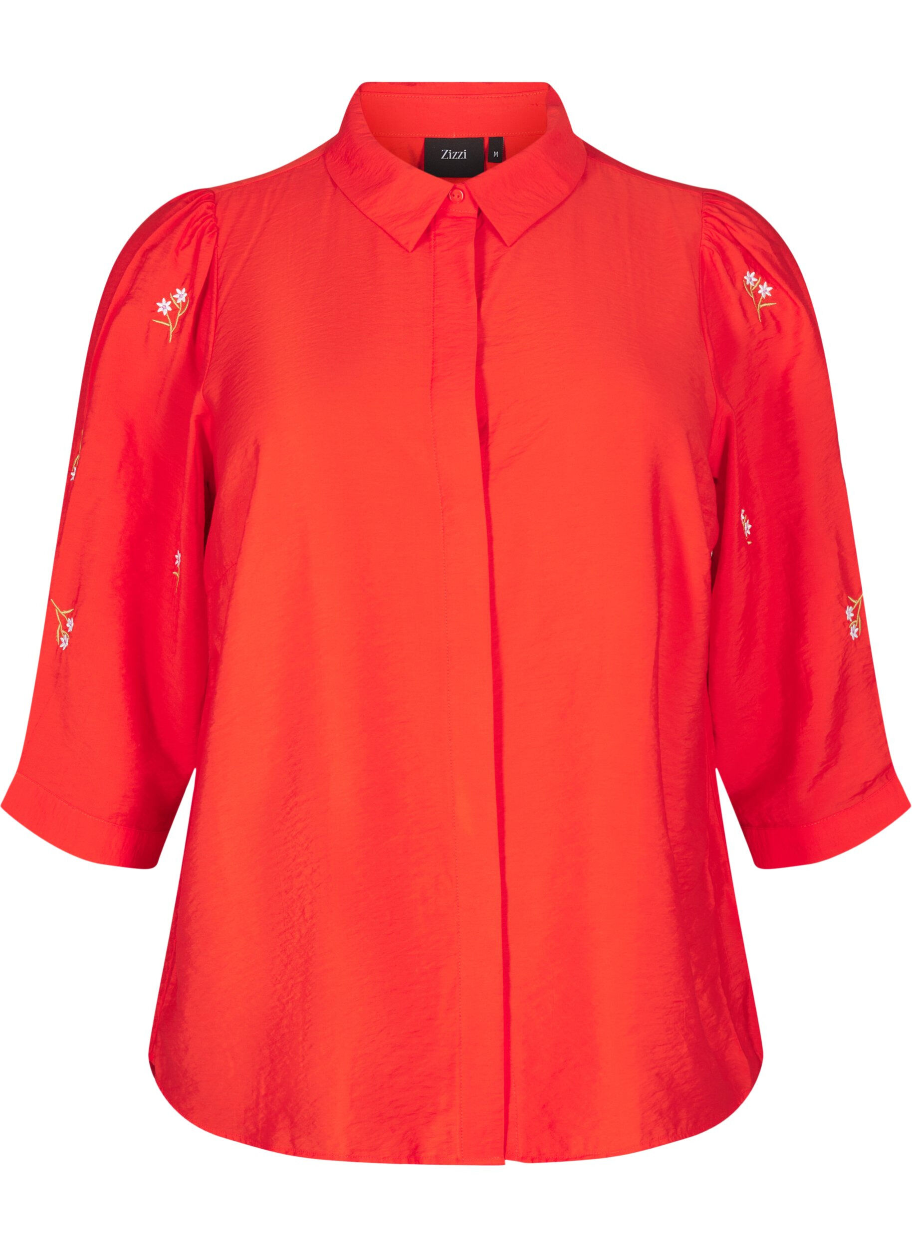 Zizzifashion Blouse with 3/4 sleeves and floral embroidery, Flame Scarlet, Packshot image number 0