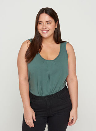 Cotton top with a round neck and lace trim, Balsam Green, Model image number 0