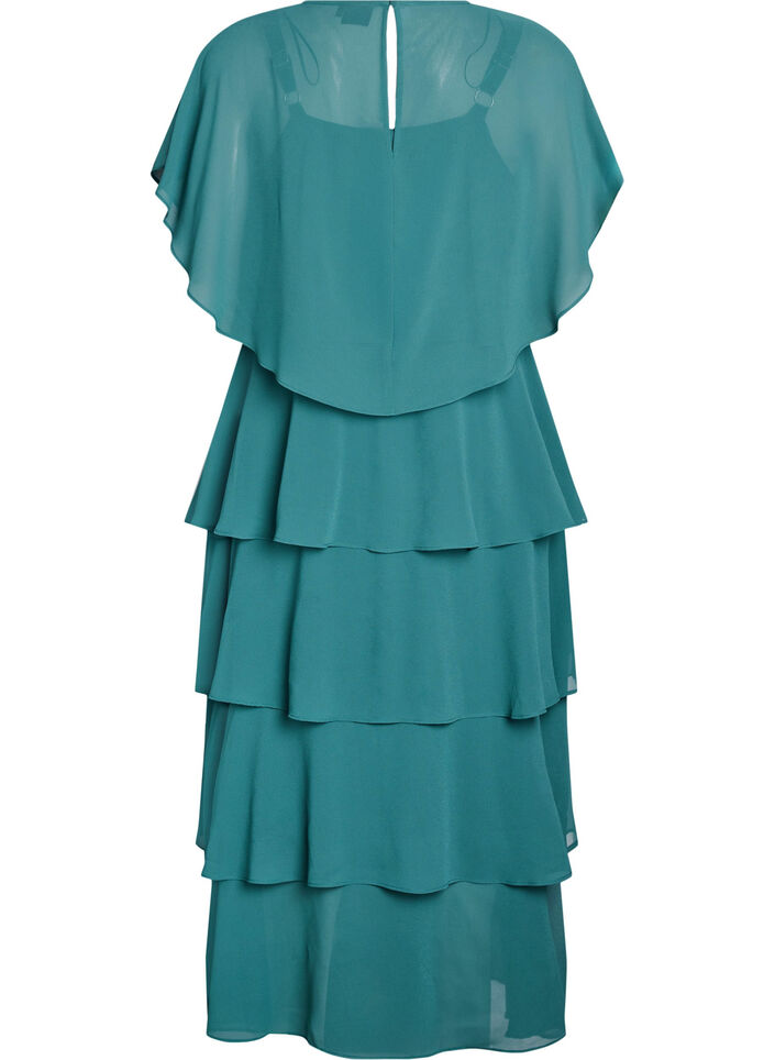 Maxi dress with ruffle layers and detachable cape, Green, Packshot image number 1