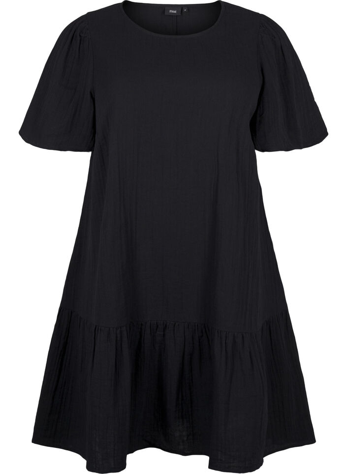 Cotton short-sleeved dress with a-line cut, Black, Packshot image number 0