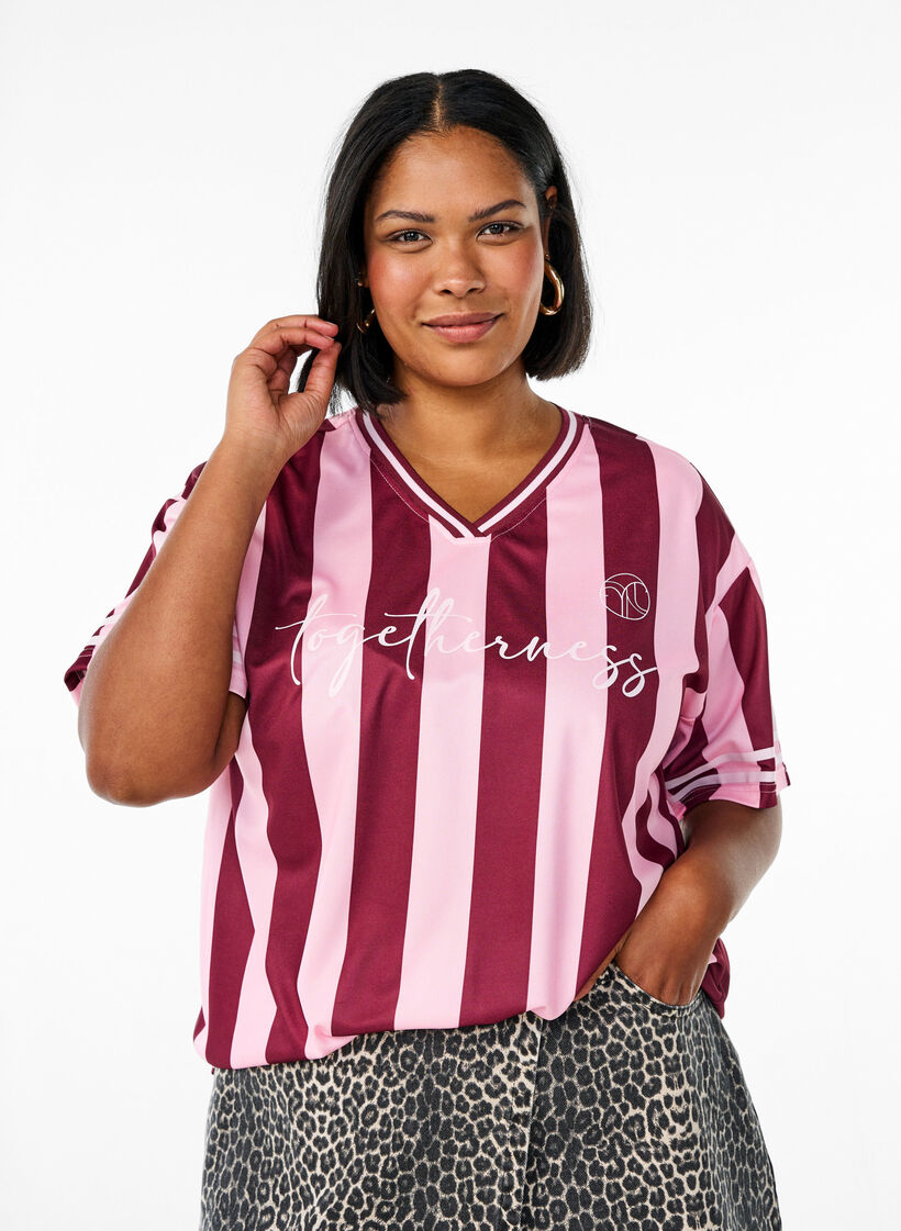 Sporty t-shirt with stripes and text motif, Rose, Model image number 0