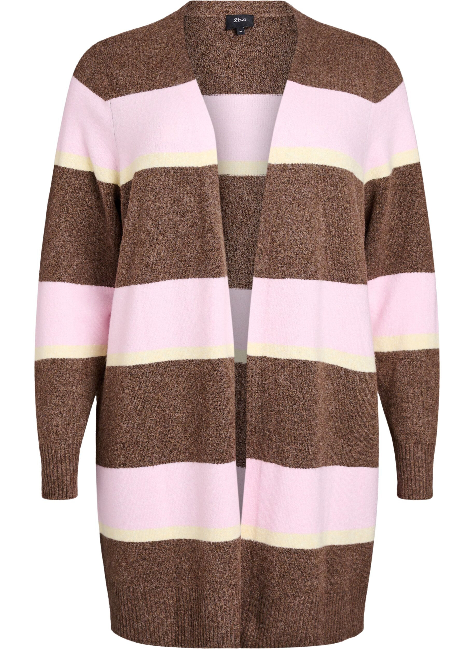 Zizzifashion Long knit cardigan with wide stripes, Brown, Packshot image number 0