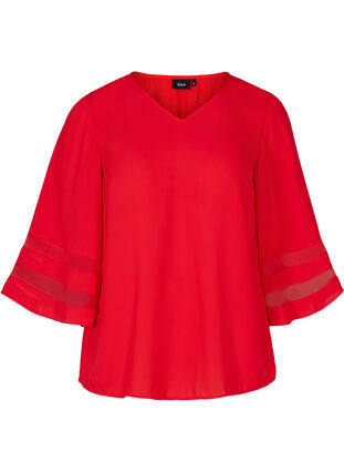 Plain blouse with 3/4 length sleeves and a V-neck, Haute Red, Packshot image number 0
