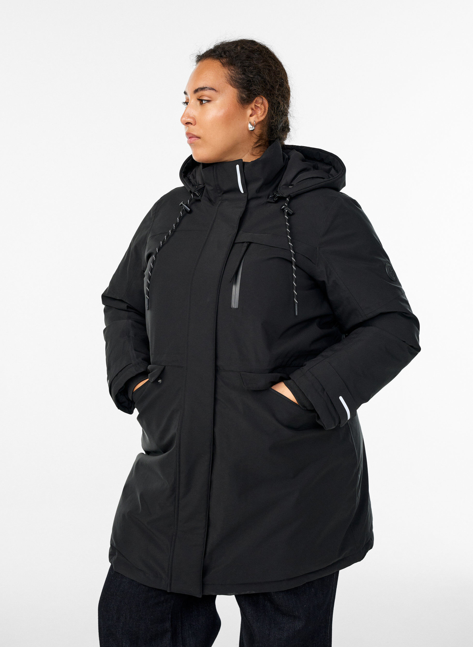 Water-repellent parka with a hood and functional details, Black, Model