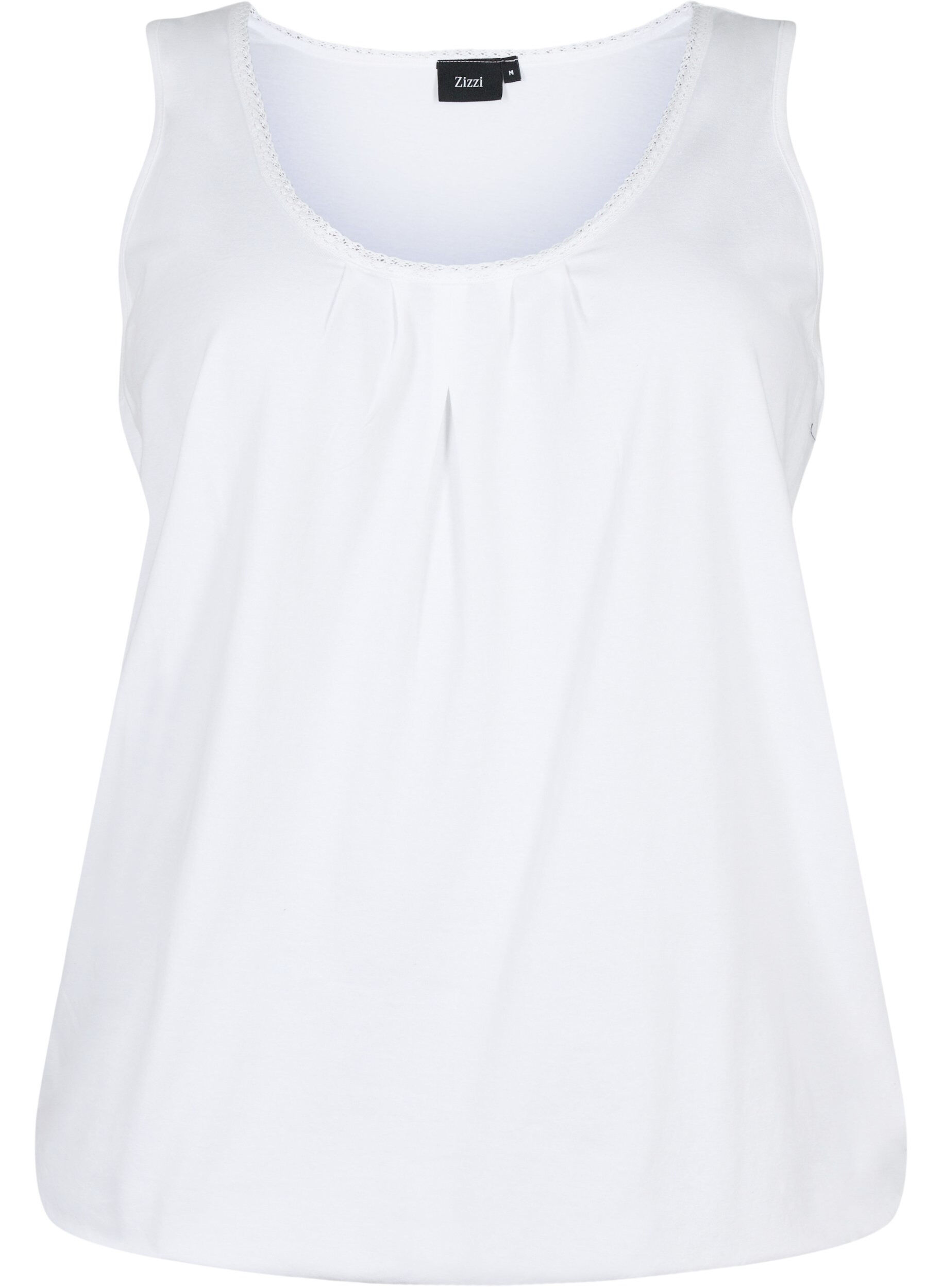 Zizzifashion Cotton top with round neck and lace trim, Bright White, Packshot image number 0