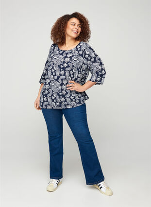 Printed blouse with lace back and 3/4-length sleeves, Night Sky/Paisley, Model image number 2