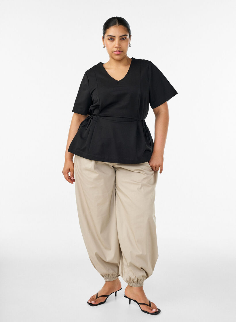 Blouse in a cotton blend with a V-neck and tie-string, Black, Model image number 1
