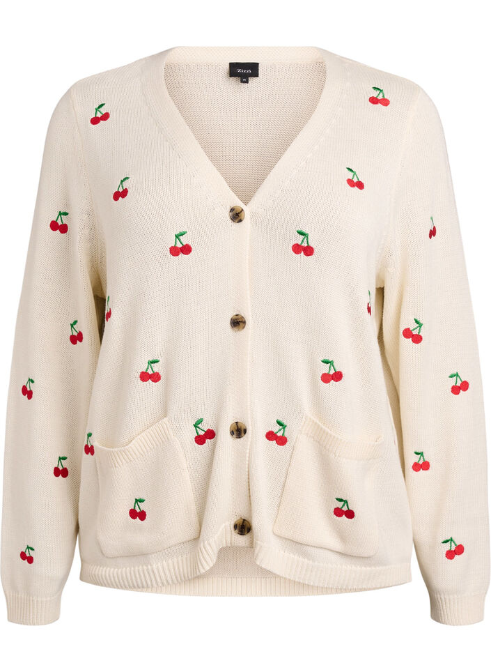 Knitted cardigan with cherry embroidery, Vanilla, Packshot image number 0