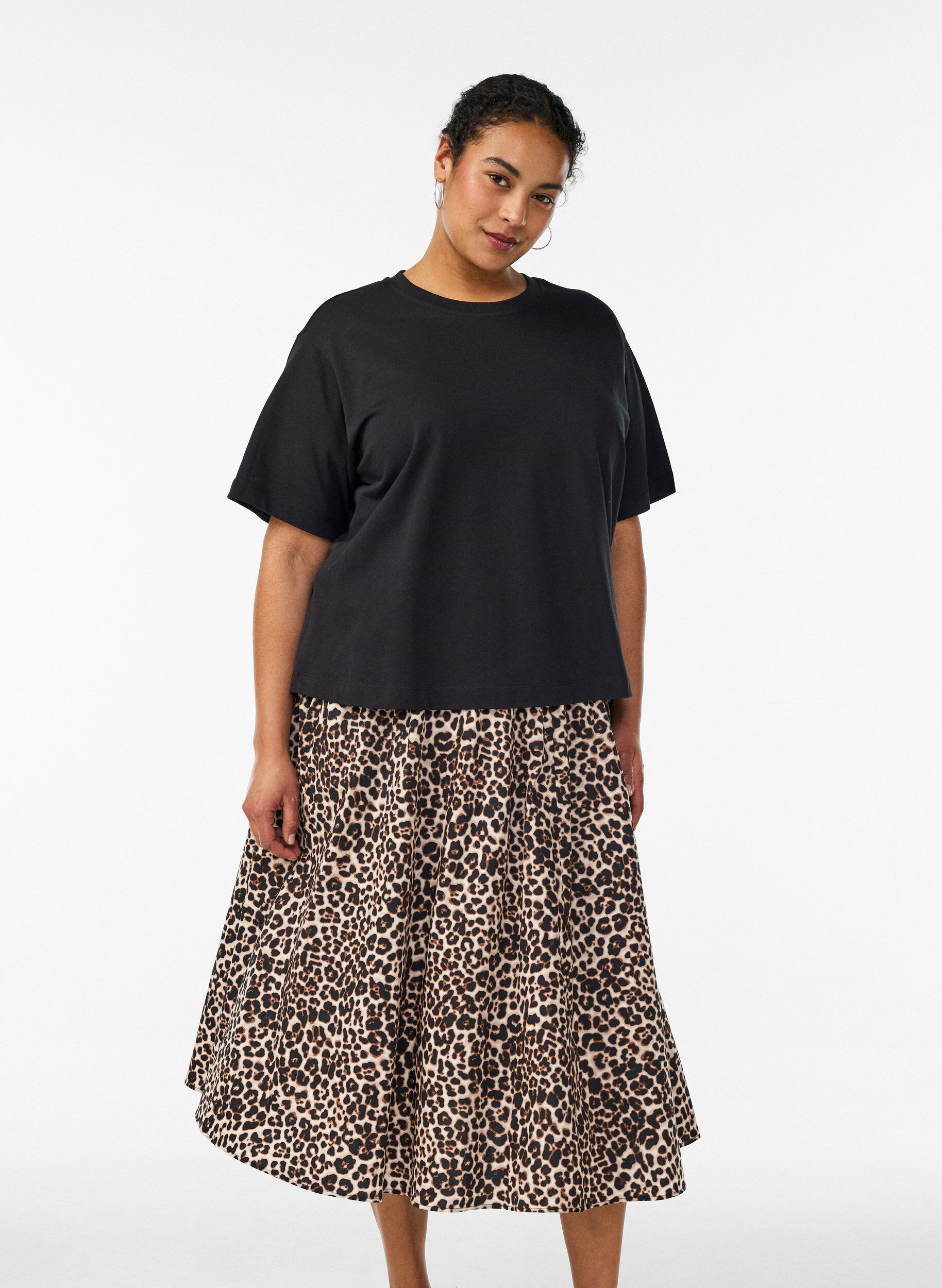 Zizzifashion A-line midi skirt with leopard print, Brown, Model image number 0