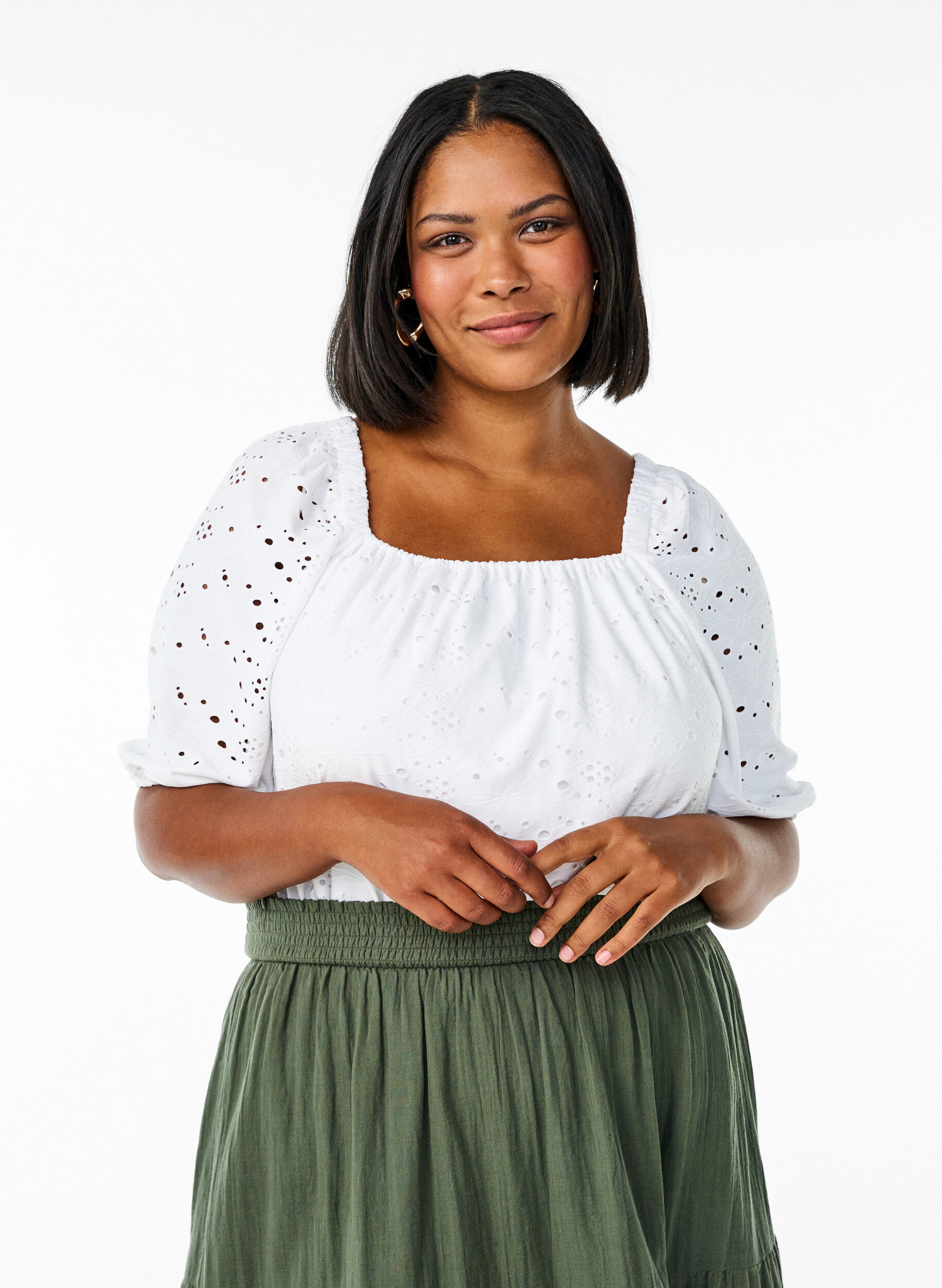Zizzifashion Blouse with short puff sleeves and an openwork pattern, White, Model image number 0