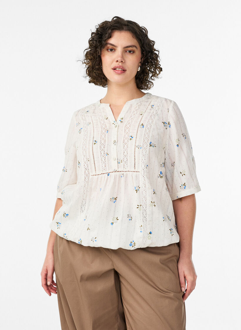 Blouse with print and 1/2 sleeves, Vanilla, Model image number 0