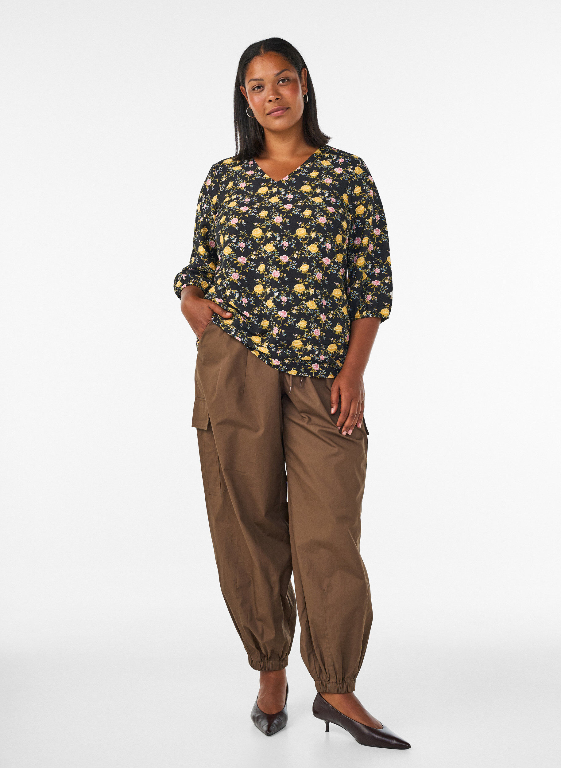 ZizzifashionPatterned viscose blouse with 3/4-sleeves, Black, Model image number 1