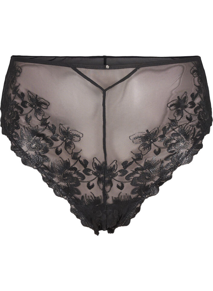 Mesh Brazilian panties with embroidery, Black, Packshot image number 0