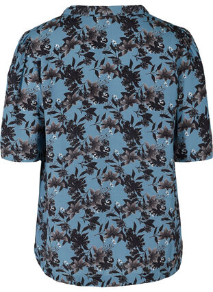 Floral viscose blouse with short sleeves and collar, Blue w. Flower AOP, Packshot image number 1