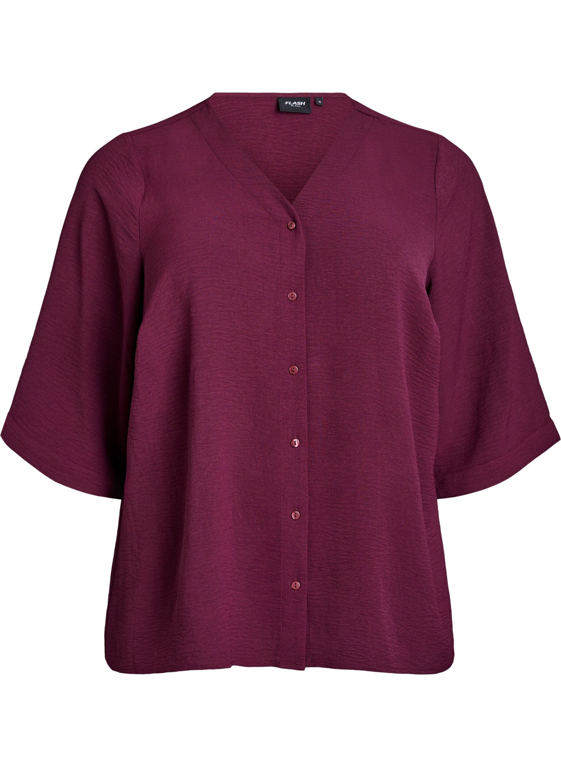 Zizzifashion Shirt Blouse with V-Neck and 3/4 Sleeves, Dark Bordeaux, Packshot image number 0