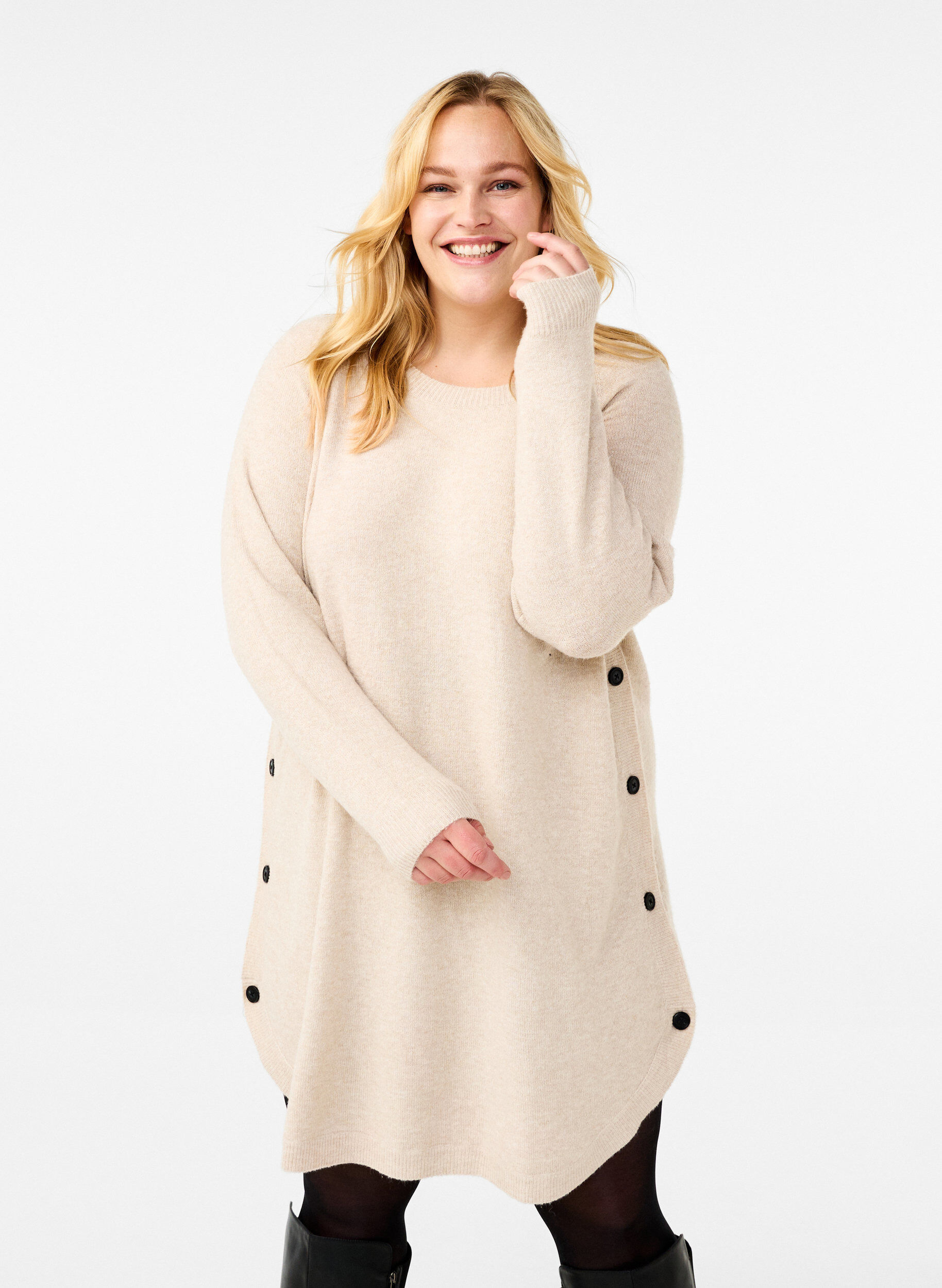 Zizzifashion Melange knit dress with buttons, Pumice Stone Mel., Model image number 0