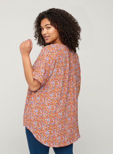 Printed blouse with short sleeves, Orange Flower AOP, Model image number 1