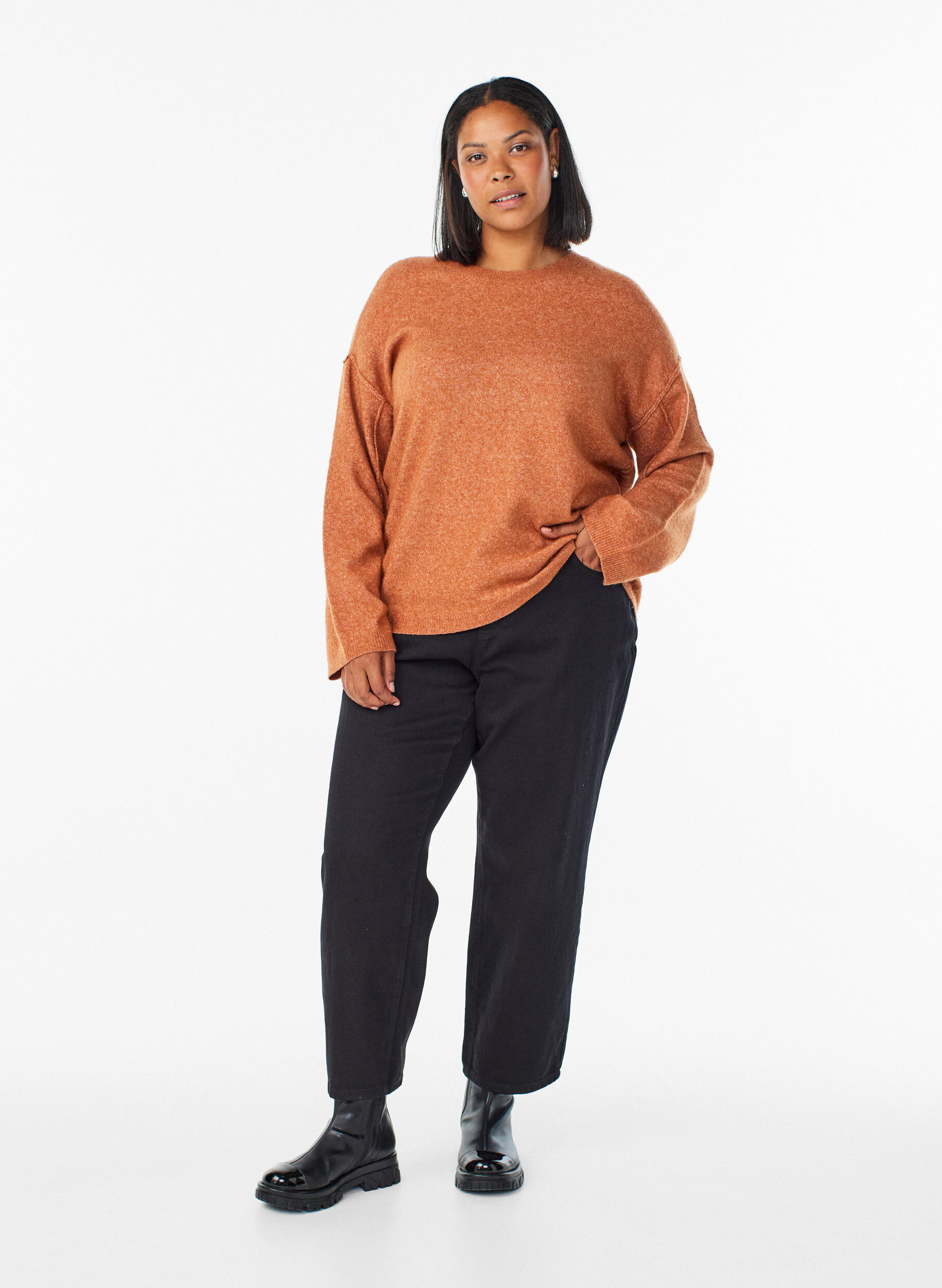 ZizzifashionLoose knit sweater with prominent seams, Orange, Model image number 1