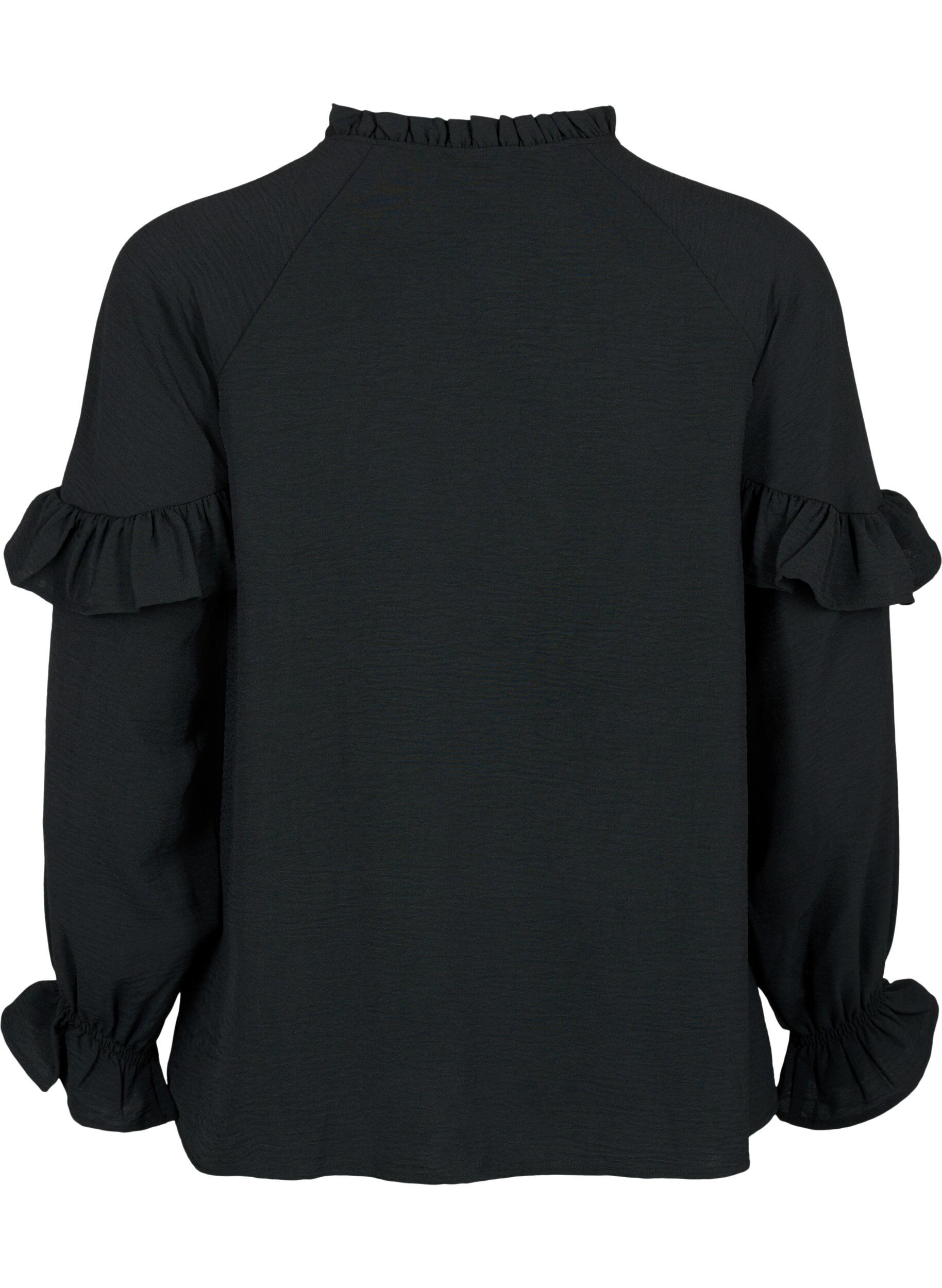 Zizzifashion Blouse with ruffles and buttons, Black, Packshot image number 1