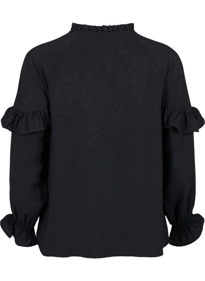 Blouse with ruffles and buttons, Black, Packshot image number 1