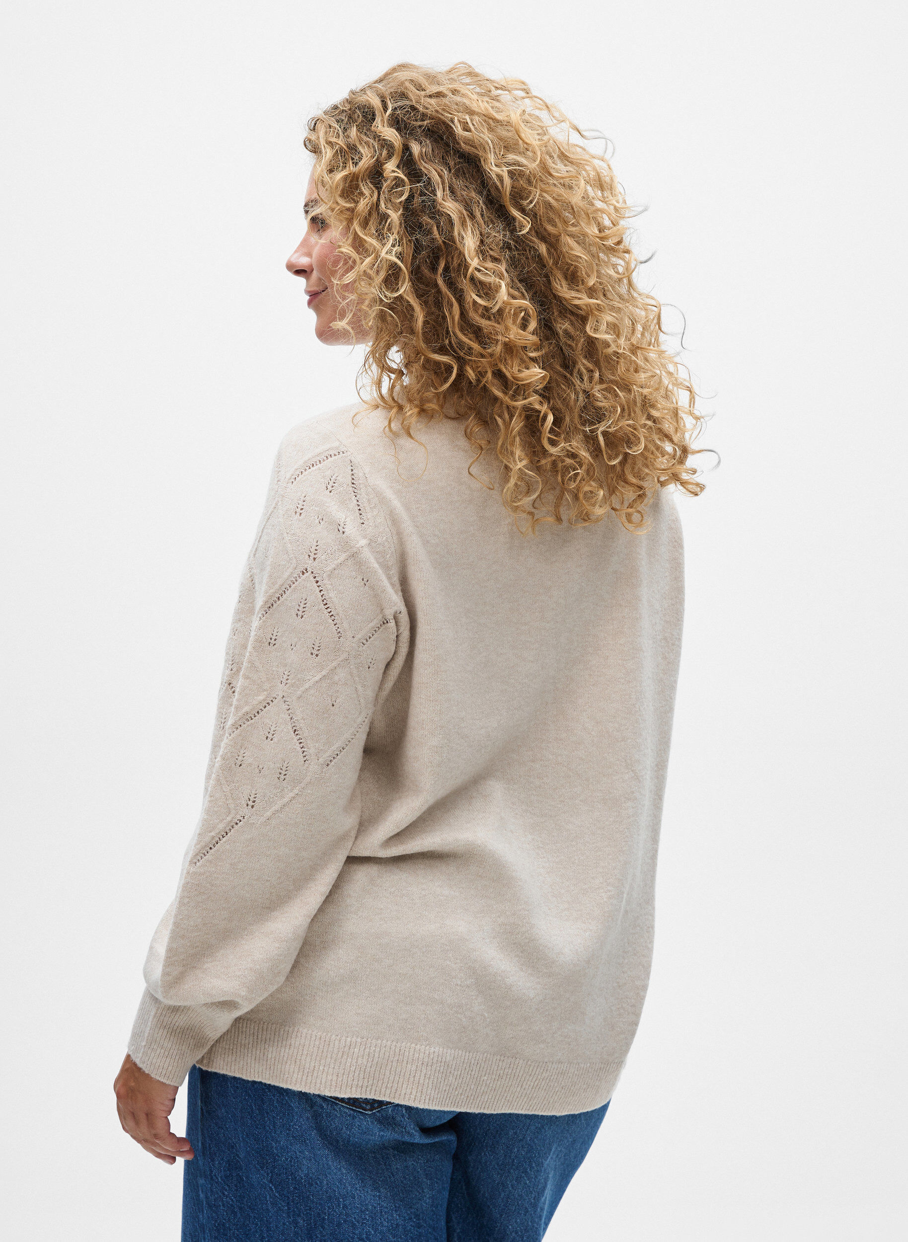 Zizzifashion Knitted top with openwork pattern and balloon sleeves, Beige, Model image number 2