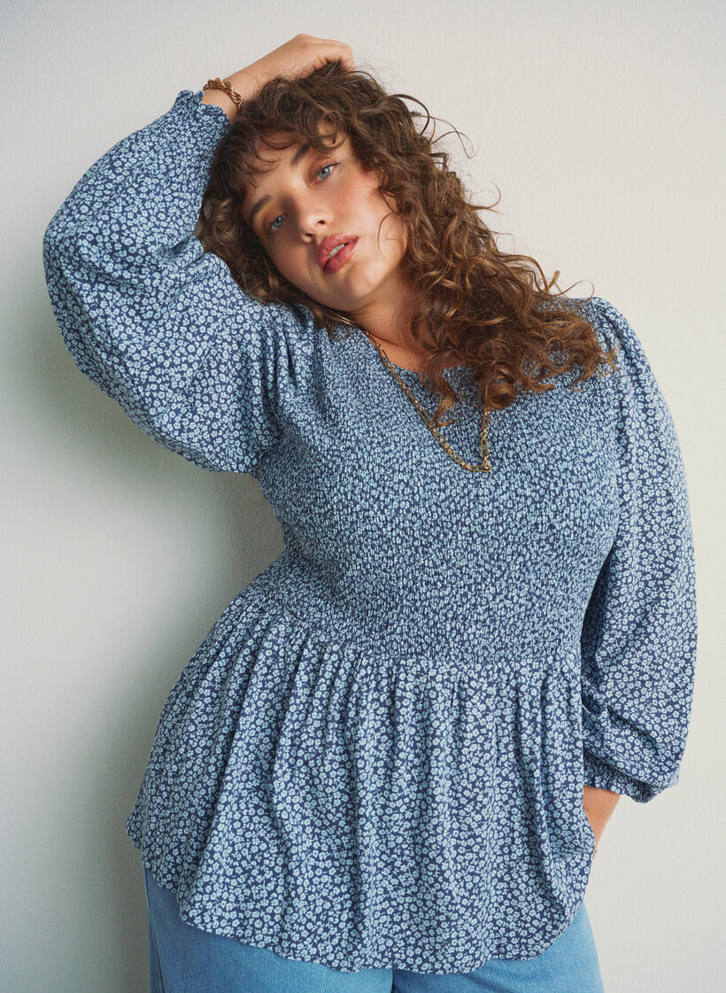 Blouse with smocked top and floral print, Blue, Image image number 0