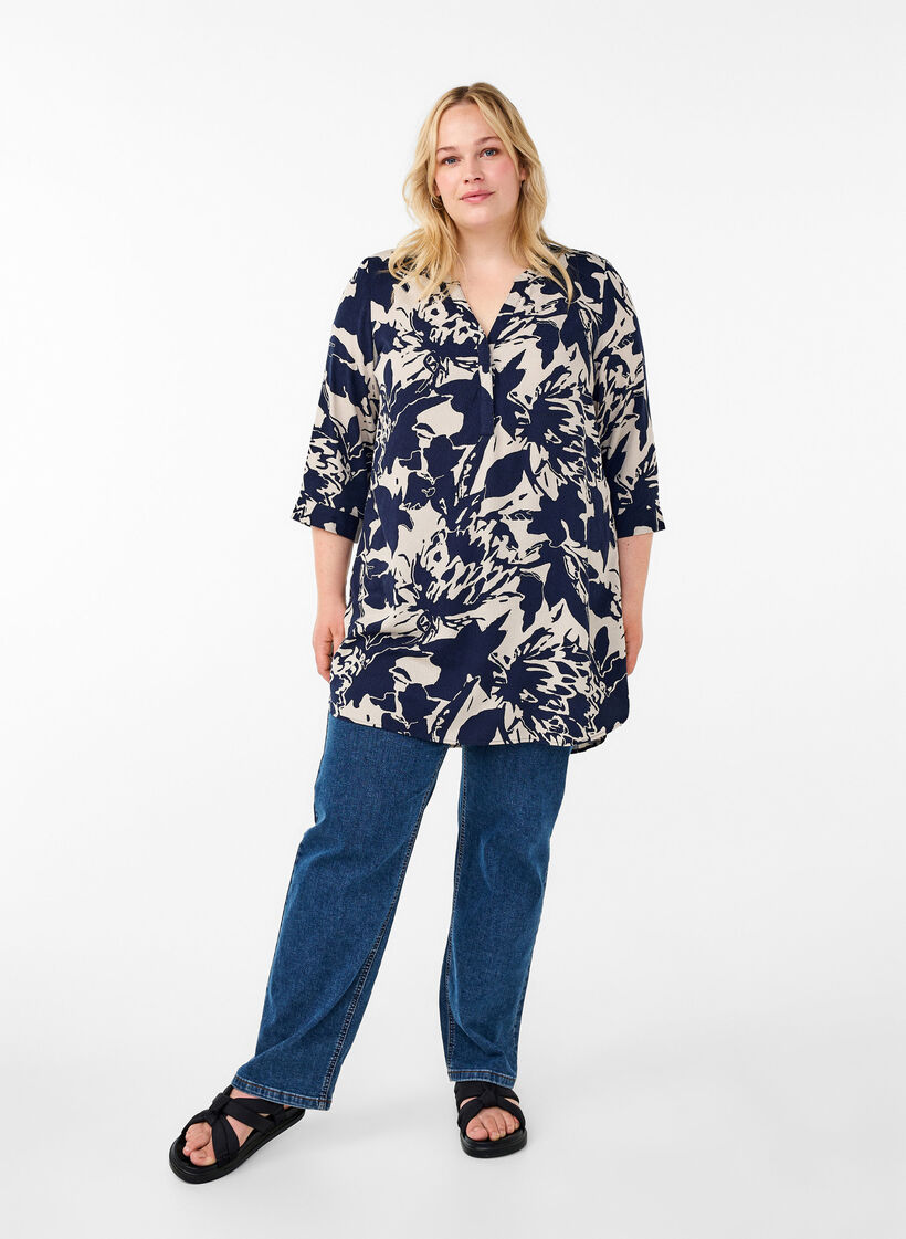 Tunic with print and 3/4 sleeves, Navy Blazer AOP, Model image number 2