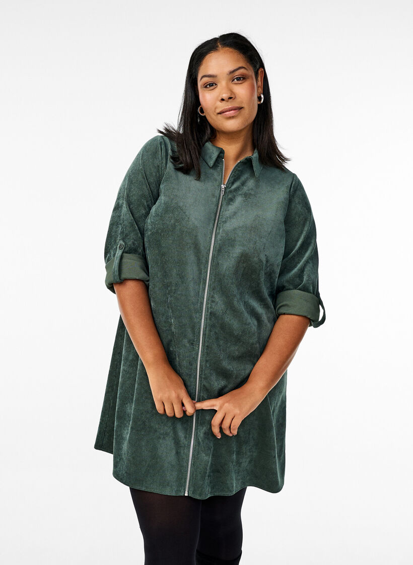 Velvet dress with zipper and 3/4 sleeves, Green, Model image number 0