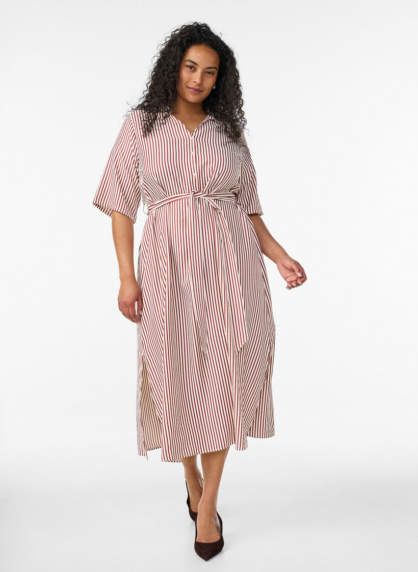 Ankle-length shirt dress with tie belt and stripes, Red, Model image number 0