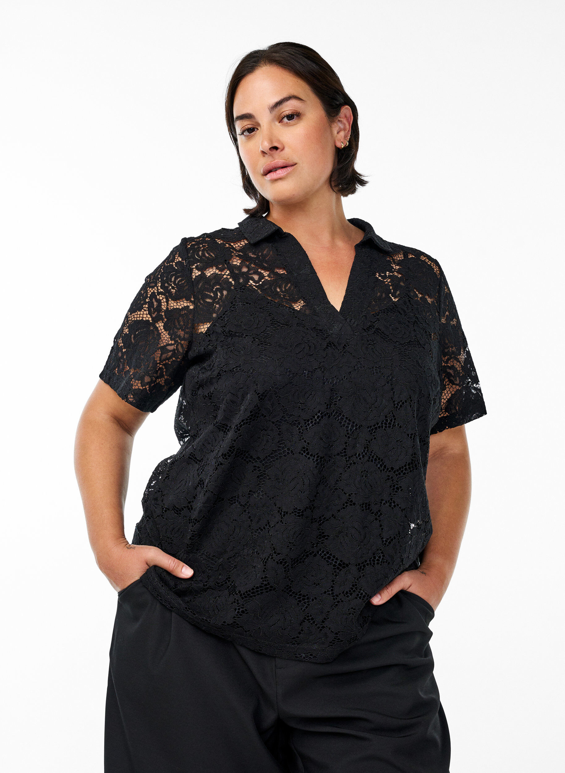 Zizzifashion Lace blouse with a collar and V-neck, Black, Model image number 0