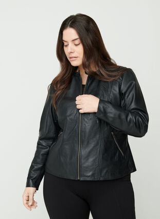 Short leather jacket with a zip, Black, Model image number 0